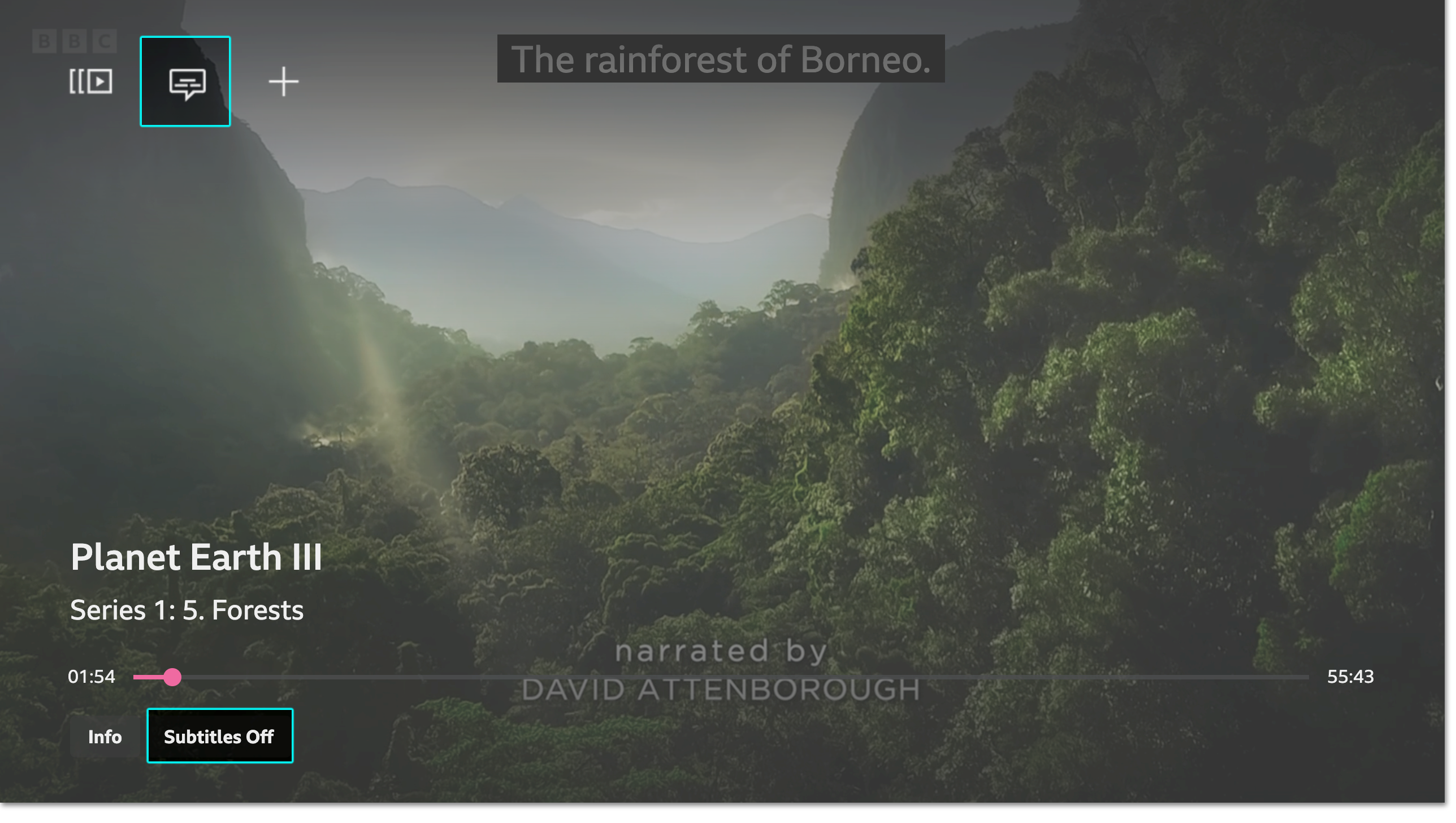 Screenshot of the iPlayer TV app playback screen. The subtitles icon is highlighted, as is the quick subtitles option at the bottom