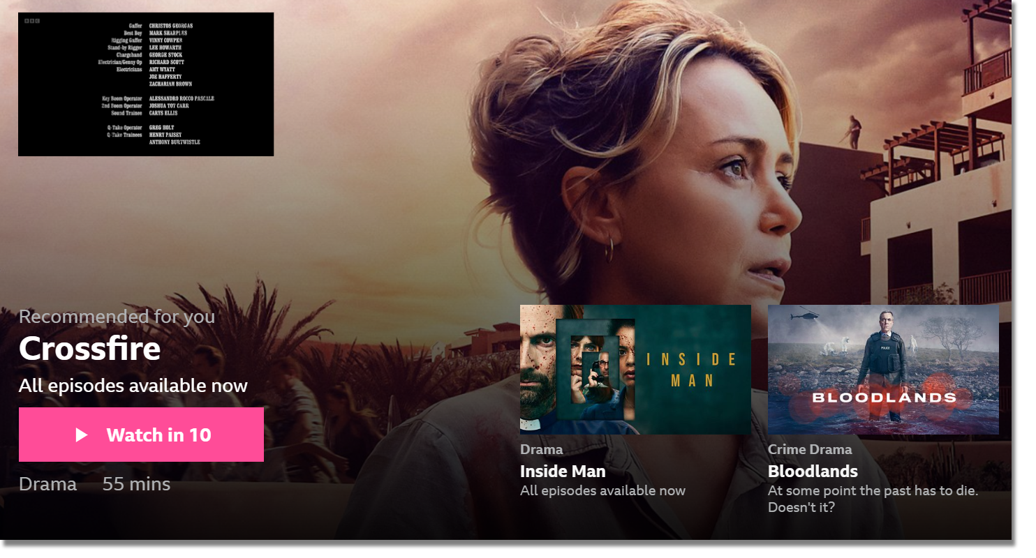 Image showing the end of a series. The programme is playing on the top left corner of the website. Three recommended programmes are showing as well as the option to continue with the current programme or move to the recommended programme which will autiplay once the timer has reached zero.